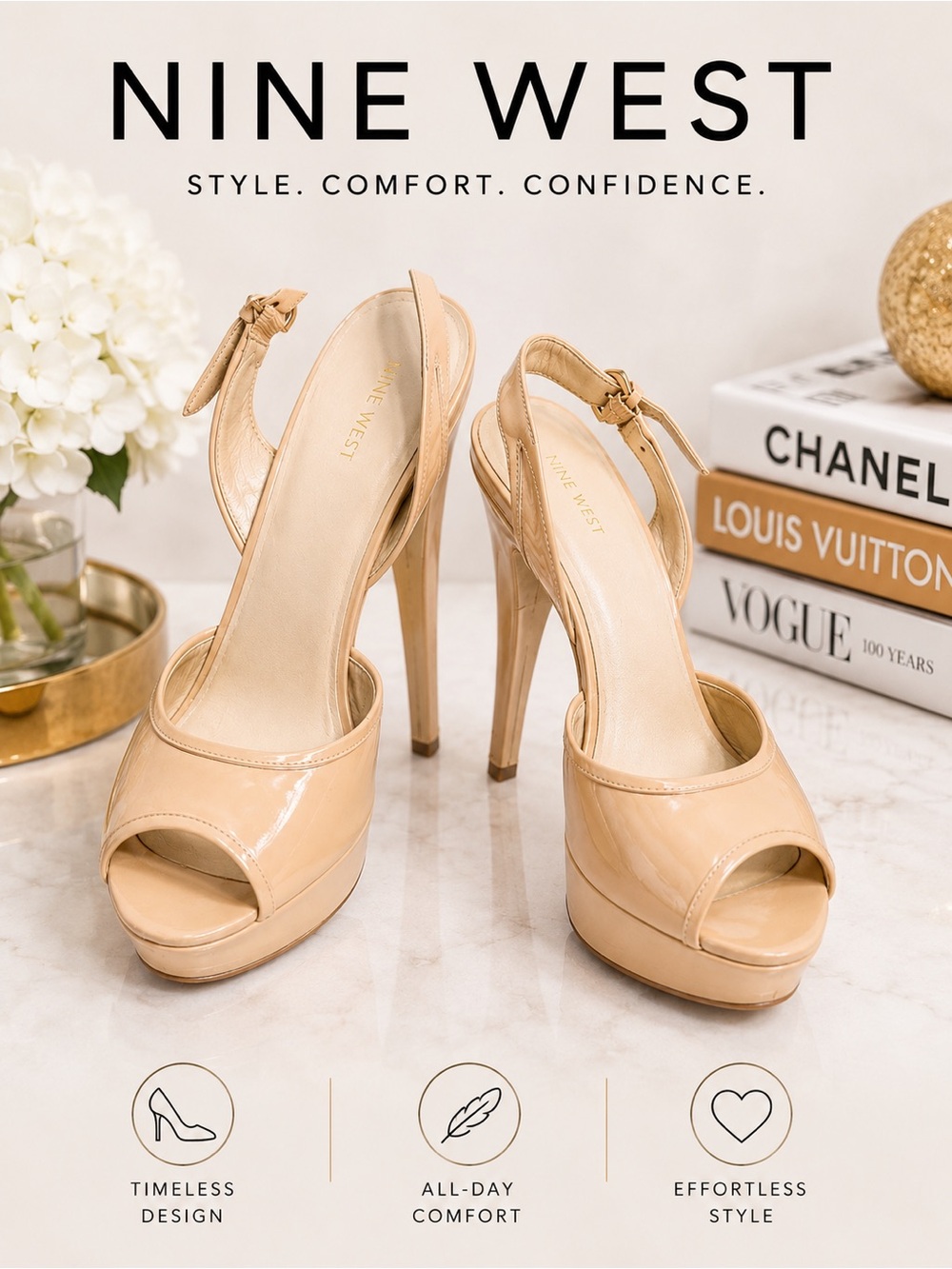 Nine West Nude Tan Patent Leather Sky High Platform Slingback Heels 10M